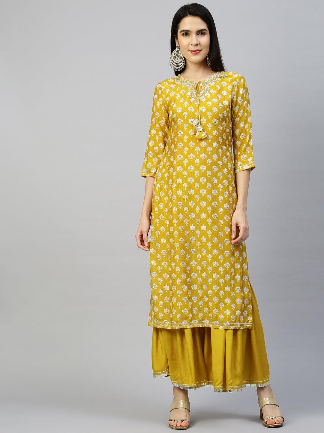 Floral Printed & Embroidered Kurta & Sharara with Lurex Dupatta - Mustard - Indiakreations