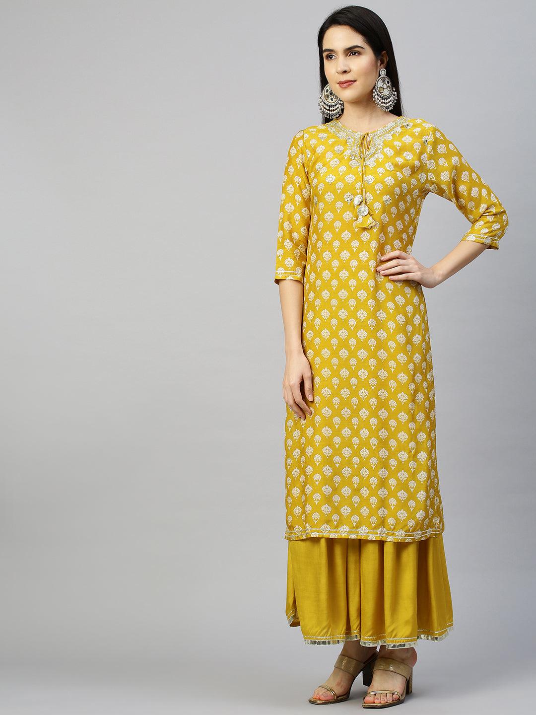 Floral Printed & Embroidered Kurta & Sharara with Lurex Dupatta - Mustard - Indiakreations