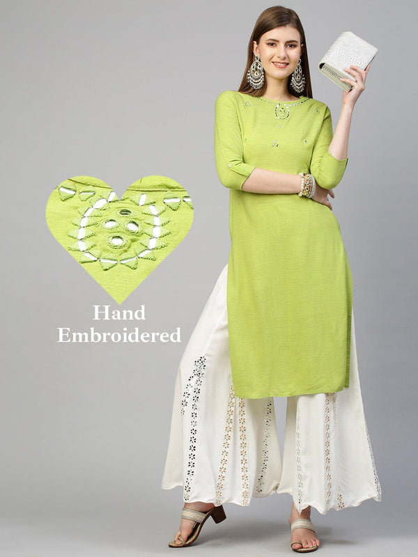 Mirror Hand Embroidered Straight Kurta - Bright Green - Indiakreations