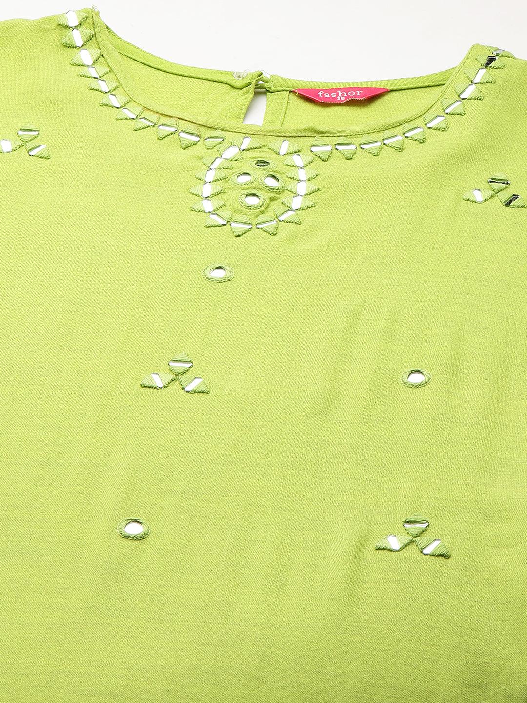 Mirror Hand Embroidered Straight Kurta - Bright Green - Indiakreations