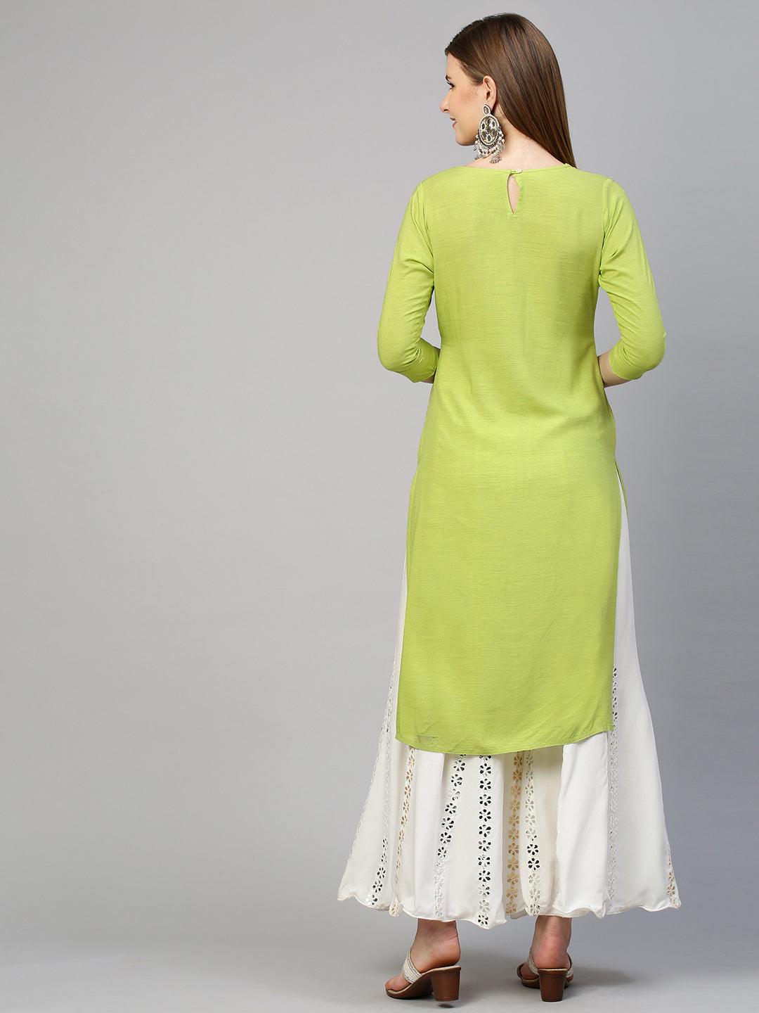 Mirror Hand Embroidered Straight Kurta - Bright Green - Indiakreations