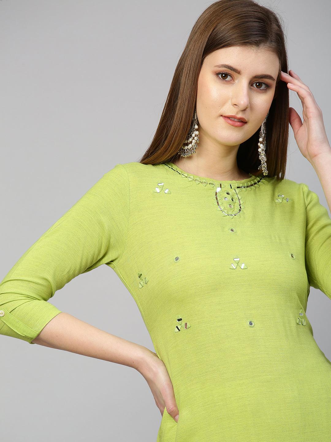 Mirror Hand Embroidered Straight Kurta - Bright Green - Indiakreations