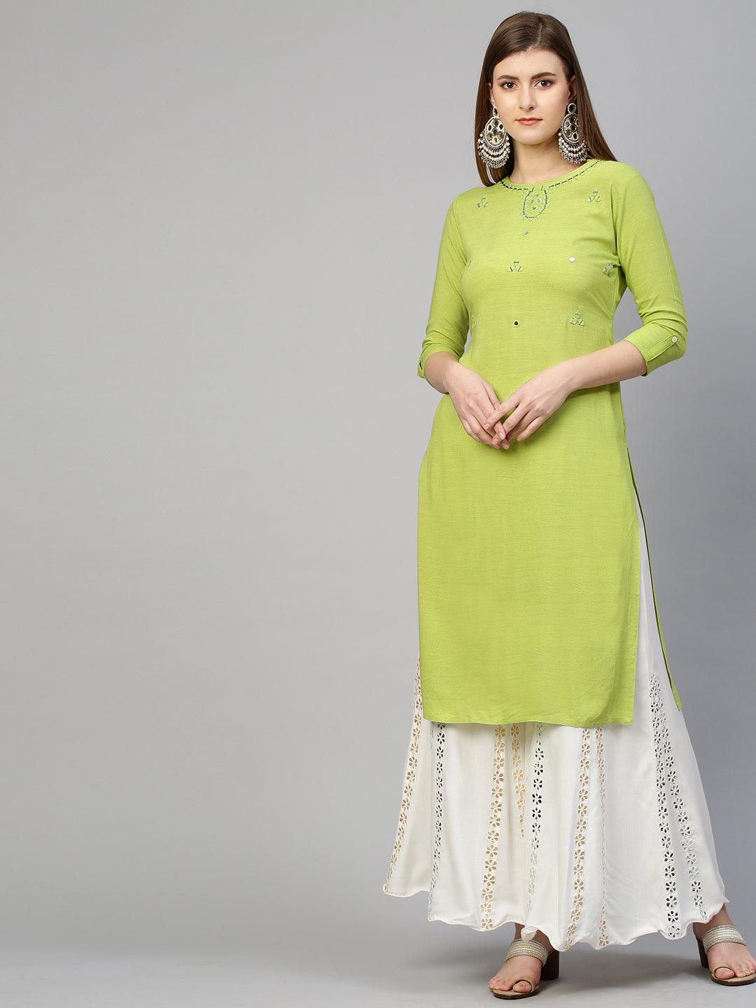 Mirror Hand Embroidered Straight Kurta - Bright Green - Indiakreations