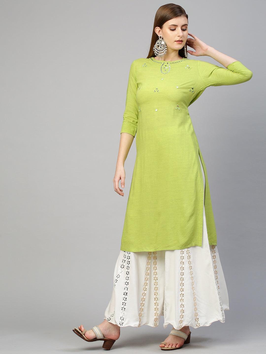 Mirror Hand Embroidered Straight Kurta - Bright Green - Indiakreations