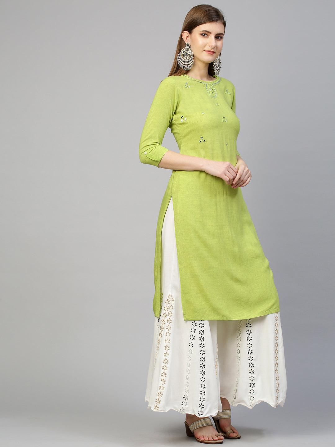 Mirror Hand Embroidered Straight Kurta - Bright Green - Indiakreations