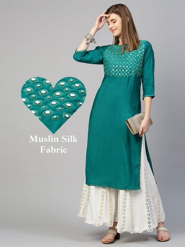 Foil Mirror Embroidered Straight Kurta - Green - Indiakreations