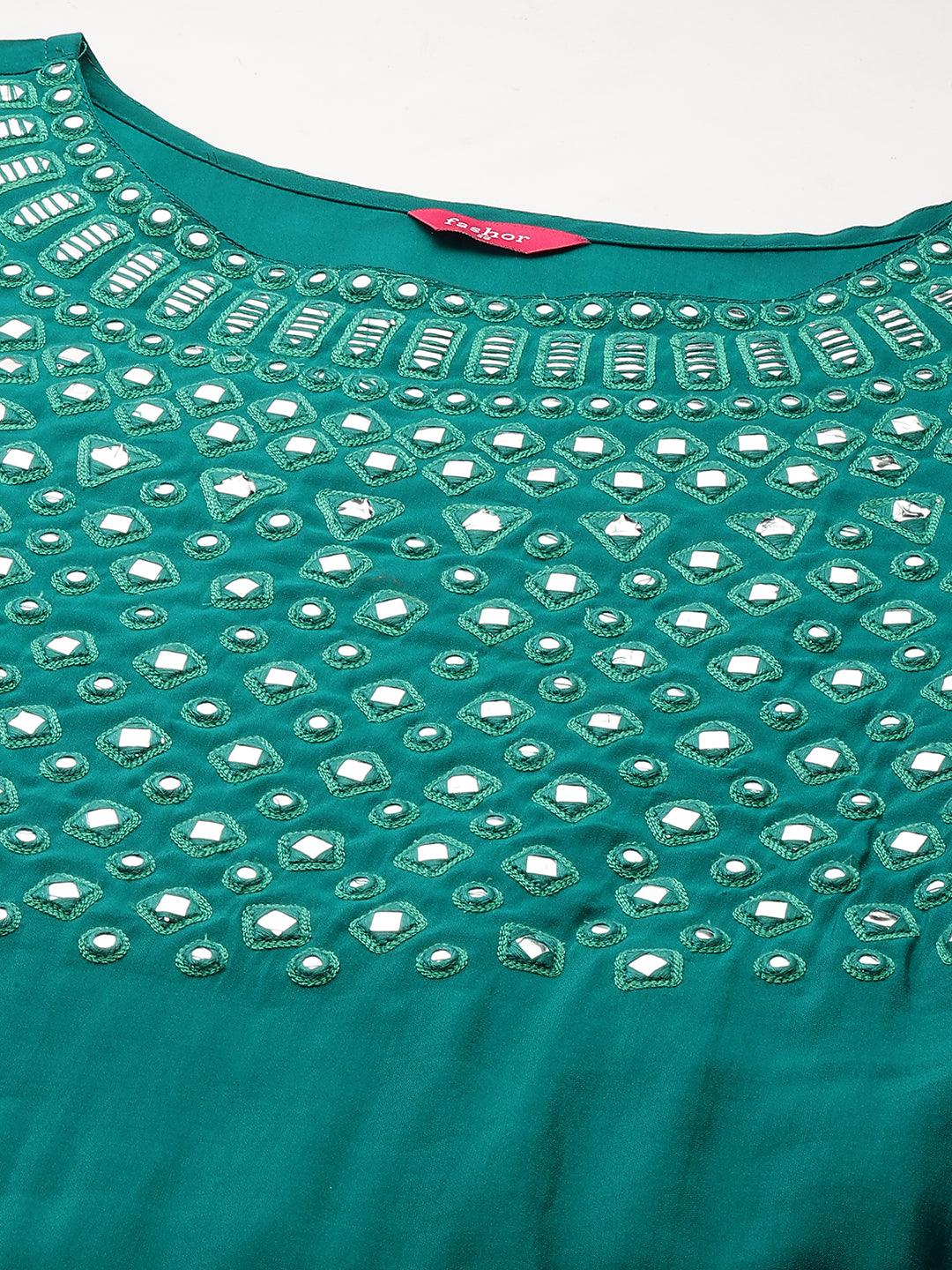 Foil Mirror Embroidered Straight Kurta - Green - Indiakreations