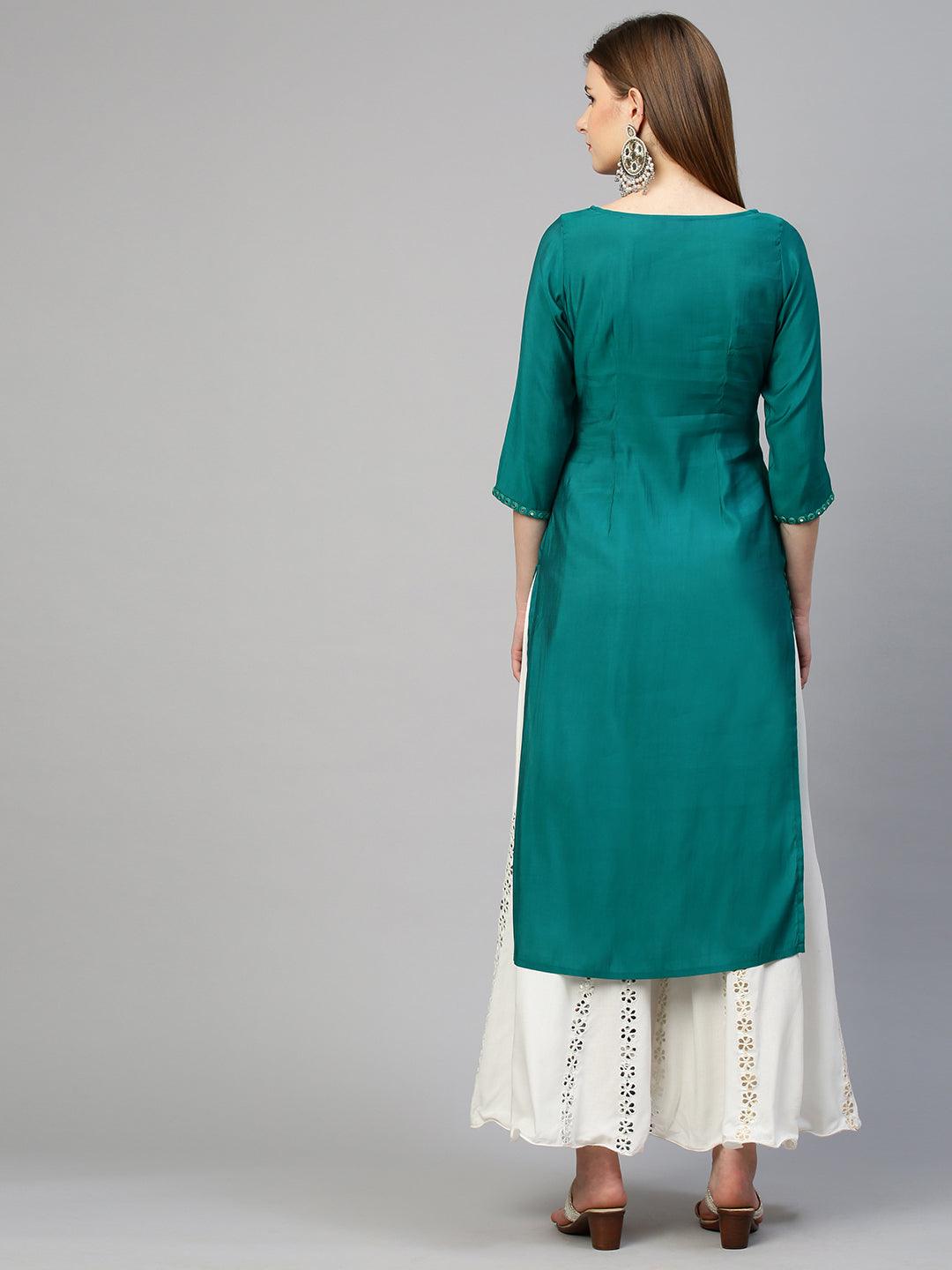 Foil Mirror Embroidered Straight Kurta - Green - Indiakreations