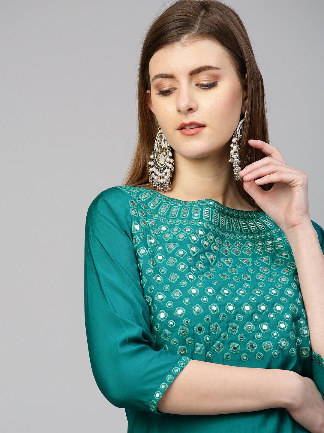 Foil Mirror Embroidered Straight Kurta - Green - Indiakreations