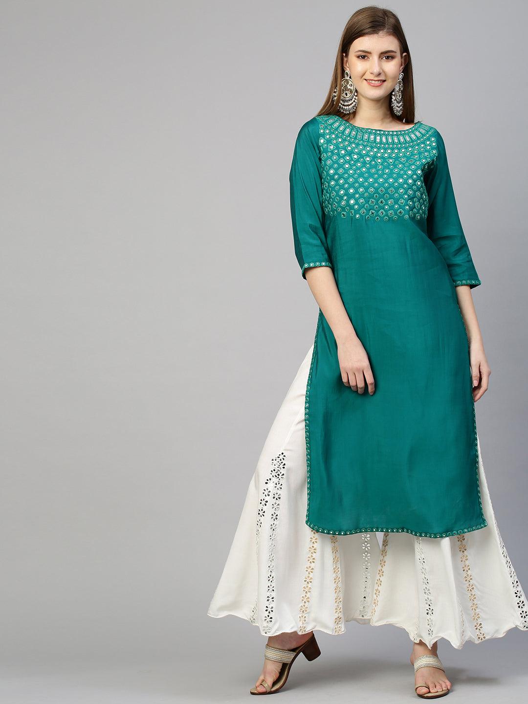 Foil Mirror Embroidered Straight Kurta - Green - Indiakreations