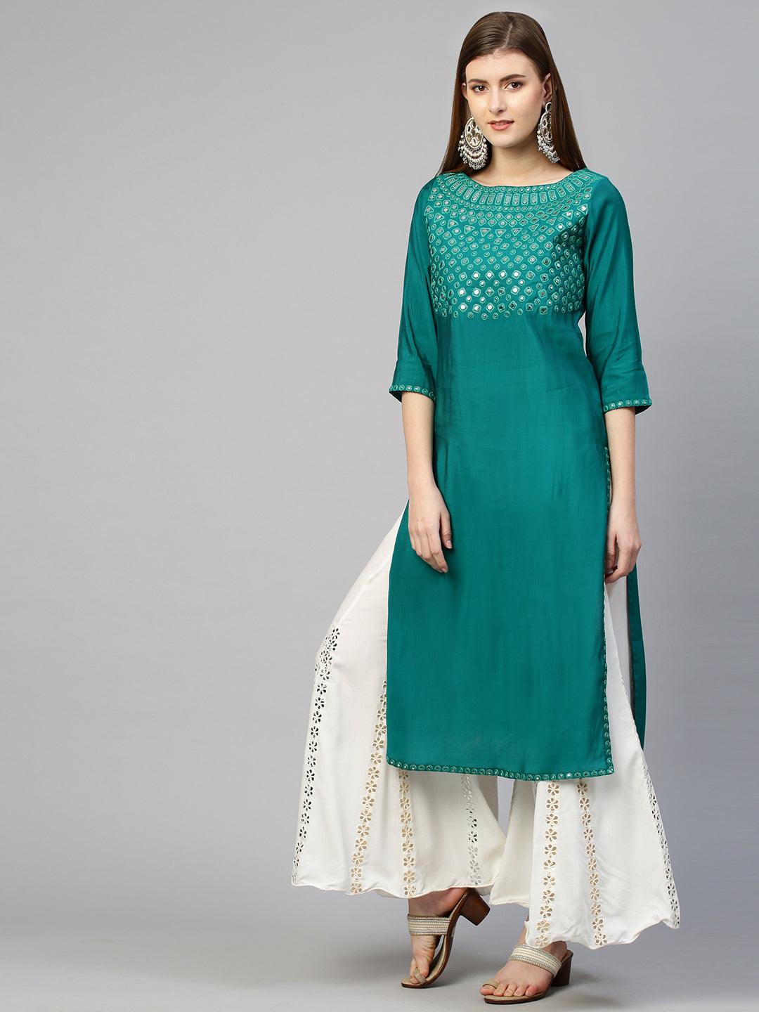 Foil Mirror Embroidered Straight Kurta - Green - Indiakreations