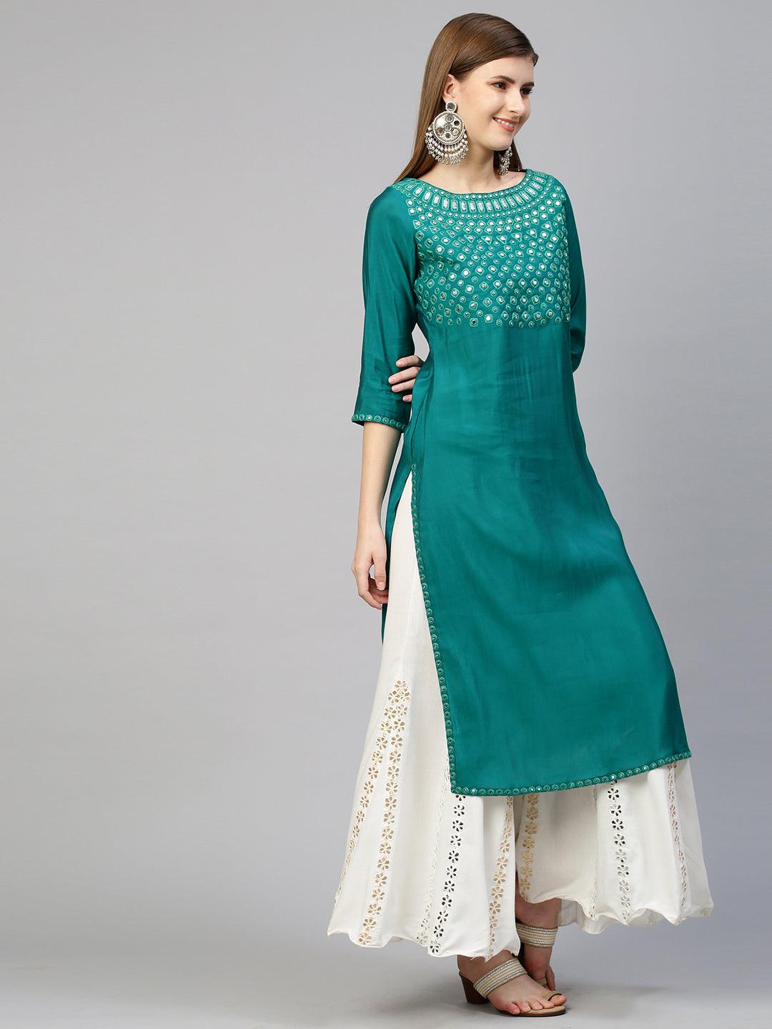 Foil Mirror Embroidered Straight Kurta - Green - Indiakreations