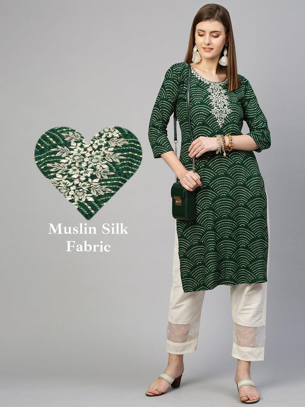 Floral Embroidered & Bandhej Straight Kurta - Dark Green - Indiakreations