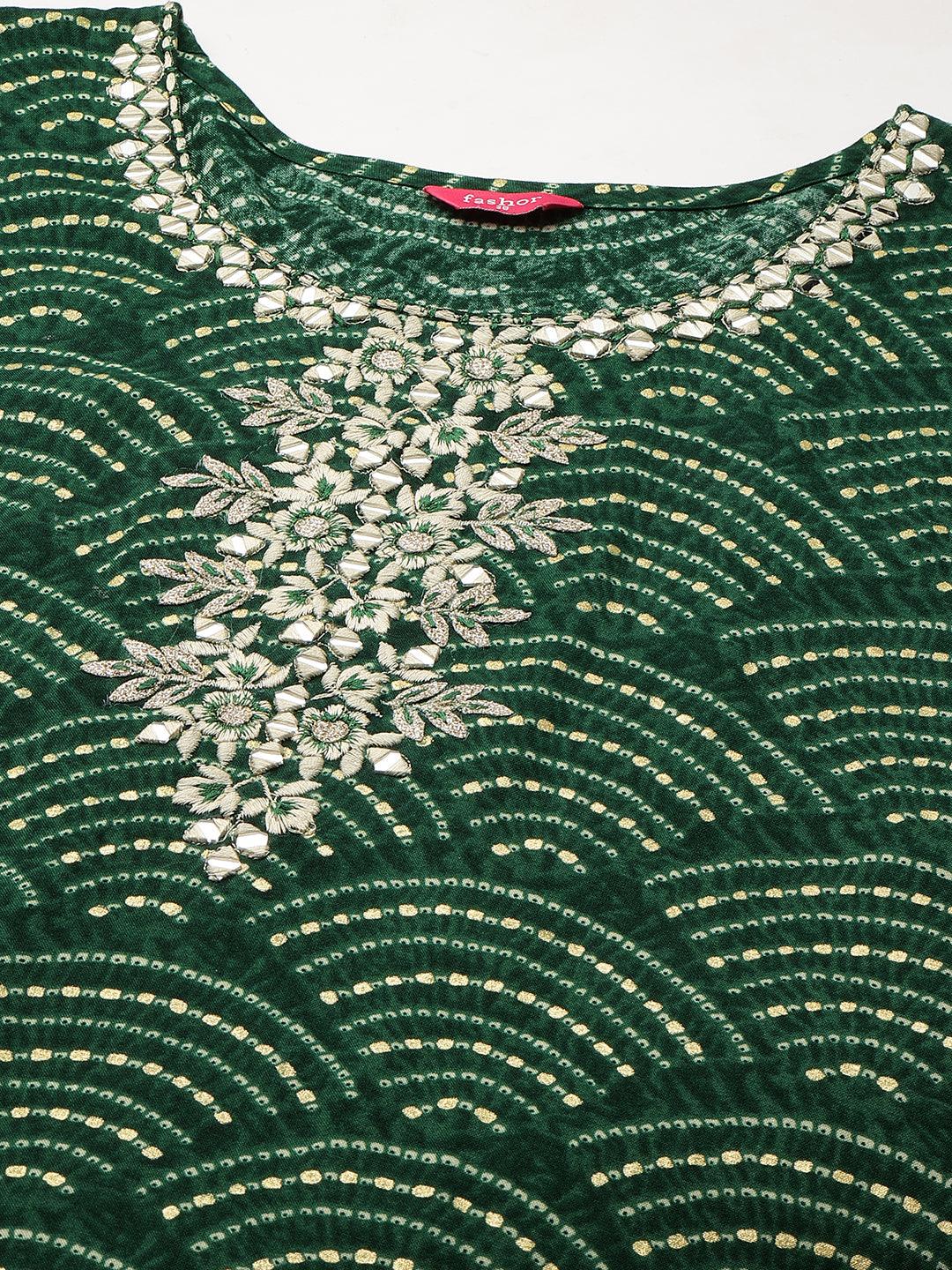 Floral Embroidered & Bandhej Straight Kurta - Dark Green - Indiakreations