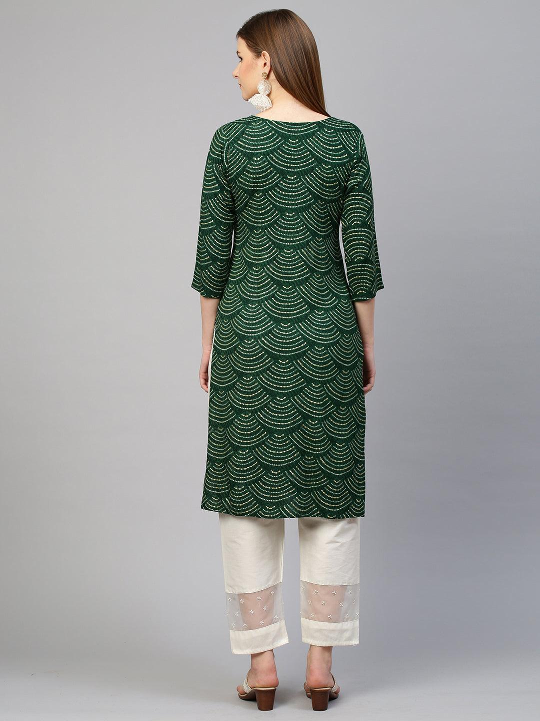 Floral Embroidered & Bandhej Straight Kurta - Dark Green - Indiakreations