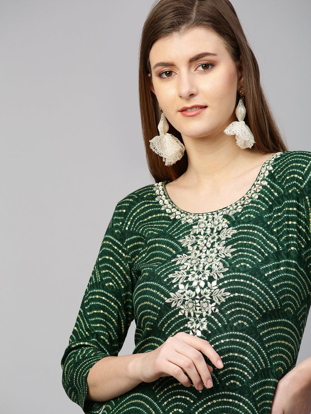 Floral Embroidered & Bandhej Straight Kurta - Dark Green - Indiakreations