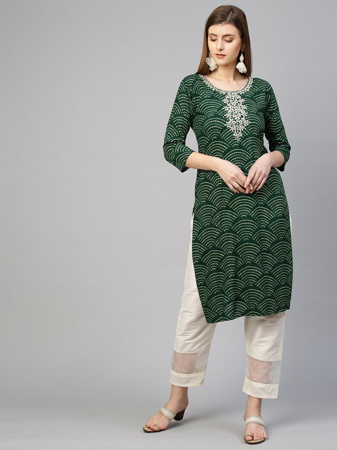 Floral Embroidered & Bandhej Straight Kurta - Dark Green - Indiakreations