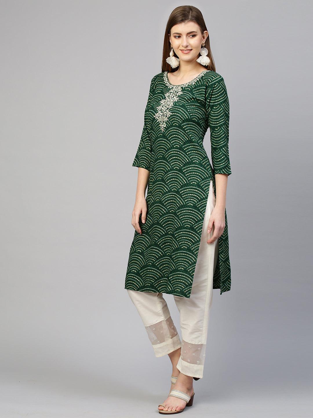 Floral Embroidered & Bandhej Straight Kurta - Dark Green - Indiakreations