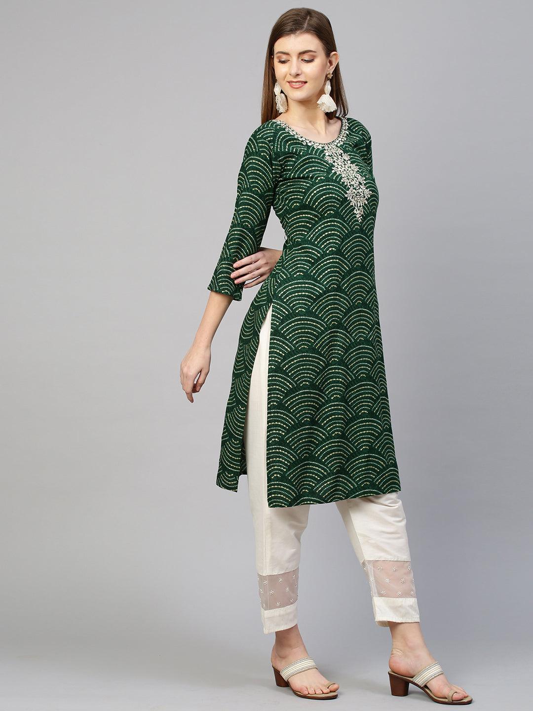 Floral Embroidered & Bandhej Straight Kurta - Dark Green - Indiakreations