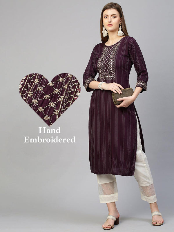 Zardosi Embroidered Straight Kurta - Wine - Indiakreations