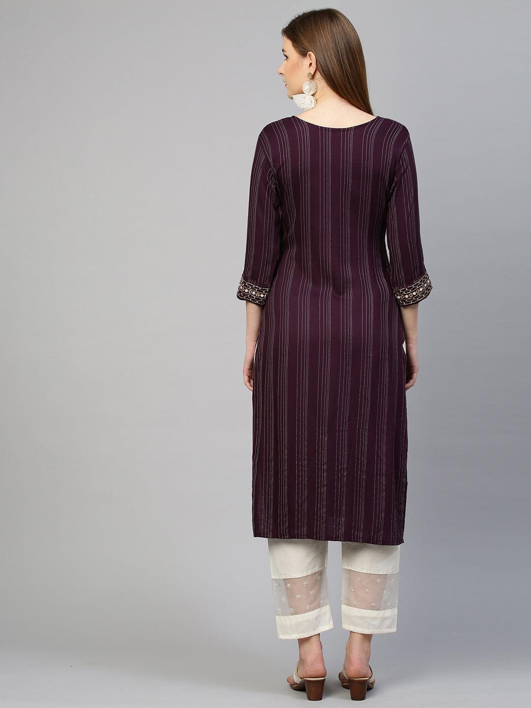 Zardosi Embroidered Straight Kurta - Wine - Indiakreations