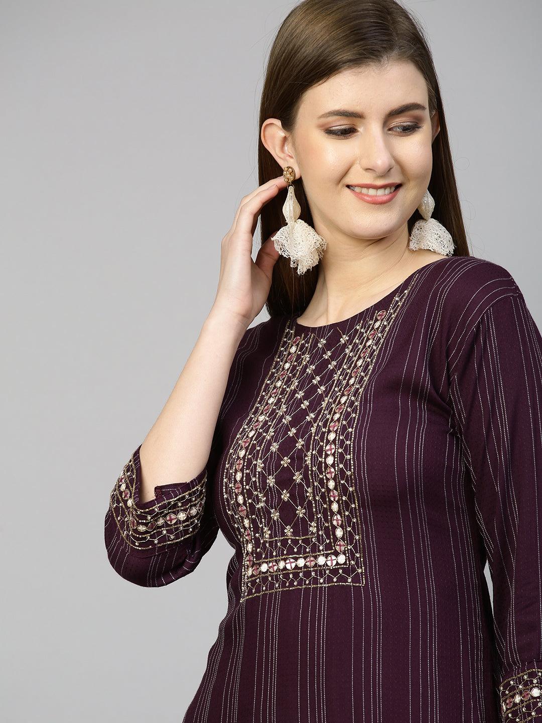 Zardosi Embroidered Straight Kurta - Wine - Indiakreations