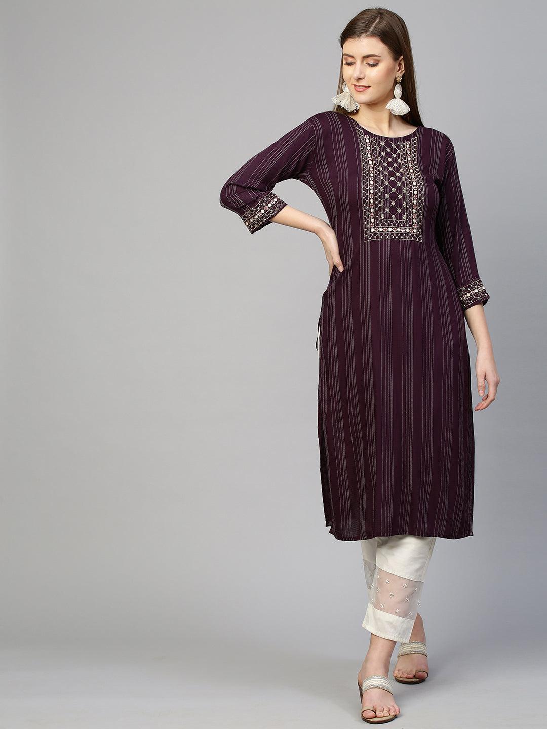 Zardosi Embroidered Straight Kurta - Wine - Indiakreations