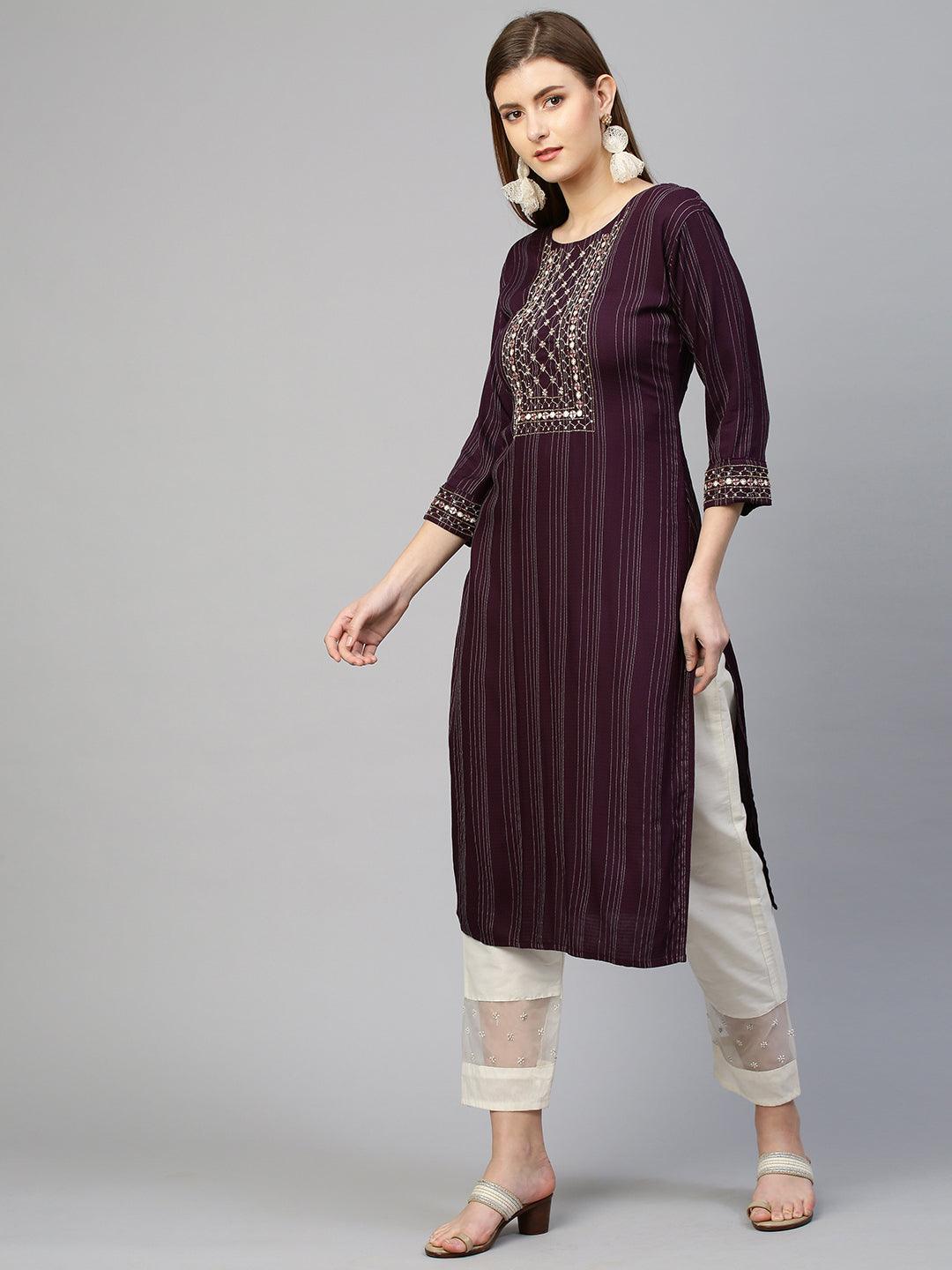 Zardosi Embroidered Straight Kurta - Wine - Indiakreations