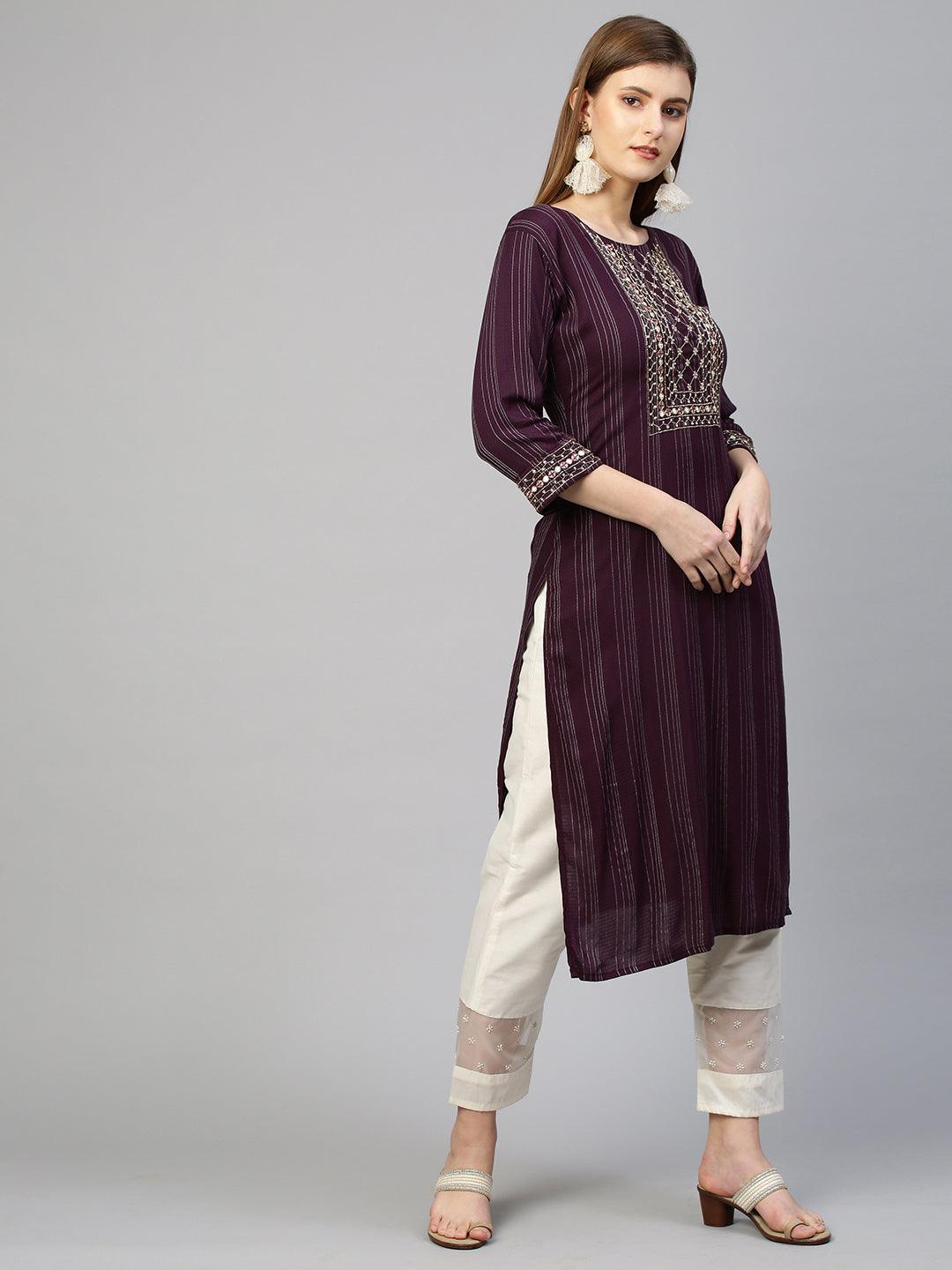 Zardosi Embroidered Straight Kurta - Wine - Indiakreations