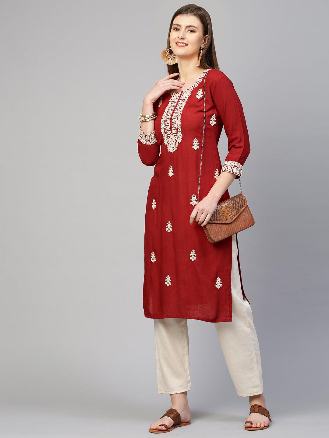 Kashmiri Embroidered Straight Kurta - Crimson Red - Indiakreations