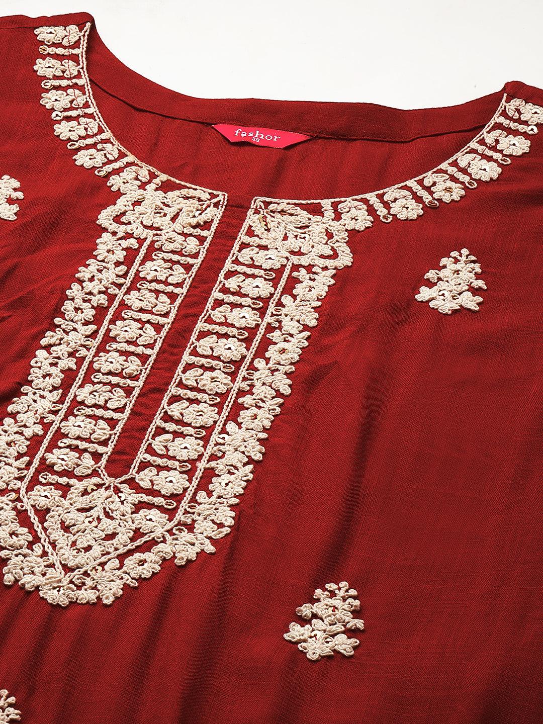 Kashmiri Embroidered Straight Kurta - Crimson Red - Indiakreations