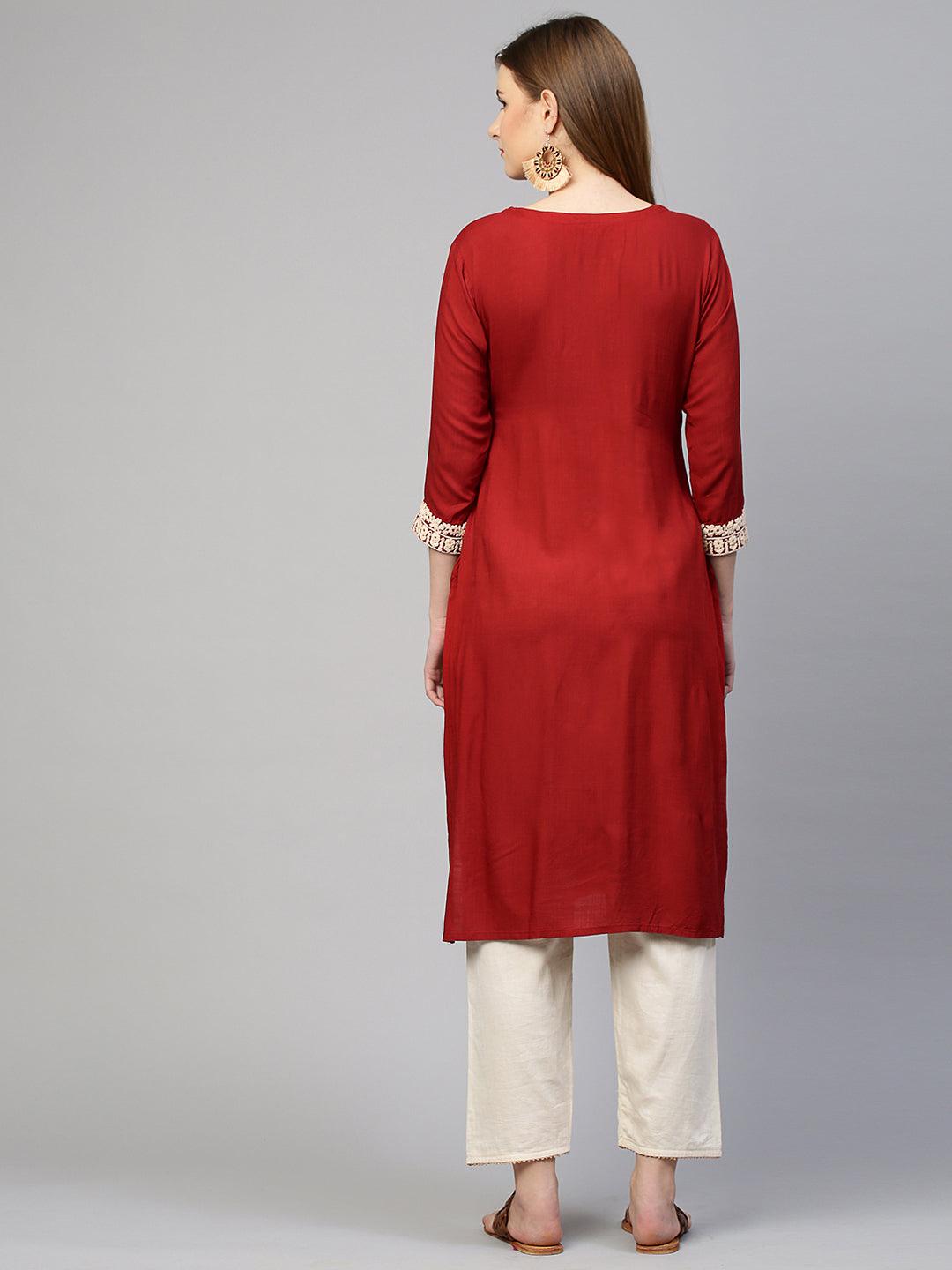 Kashmiri Embroidered Straight Kurta - Crimson Red - Indiakreations