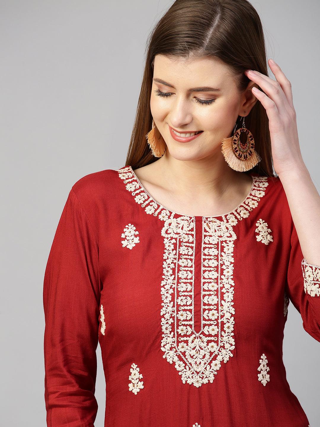 Kashmiri Embroidered Straight Kurta - Crimson Red - Indiakreations