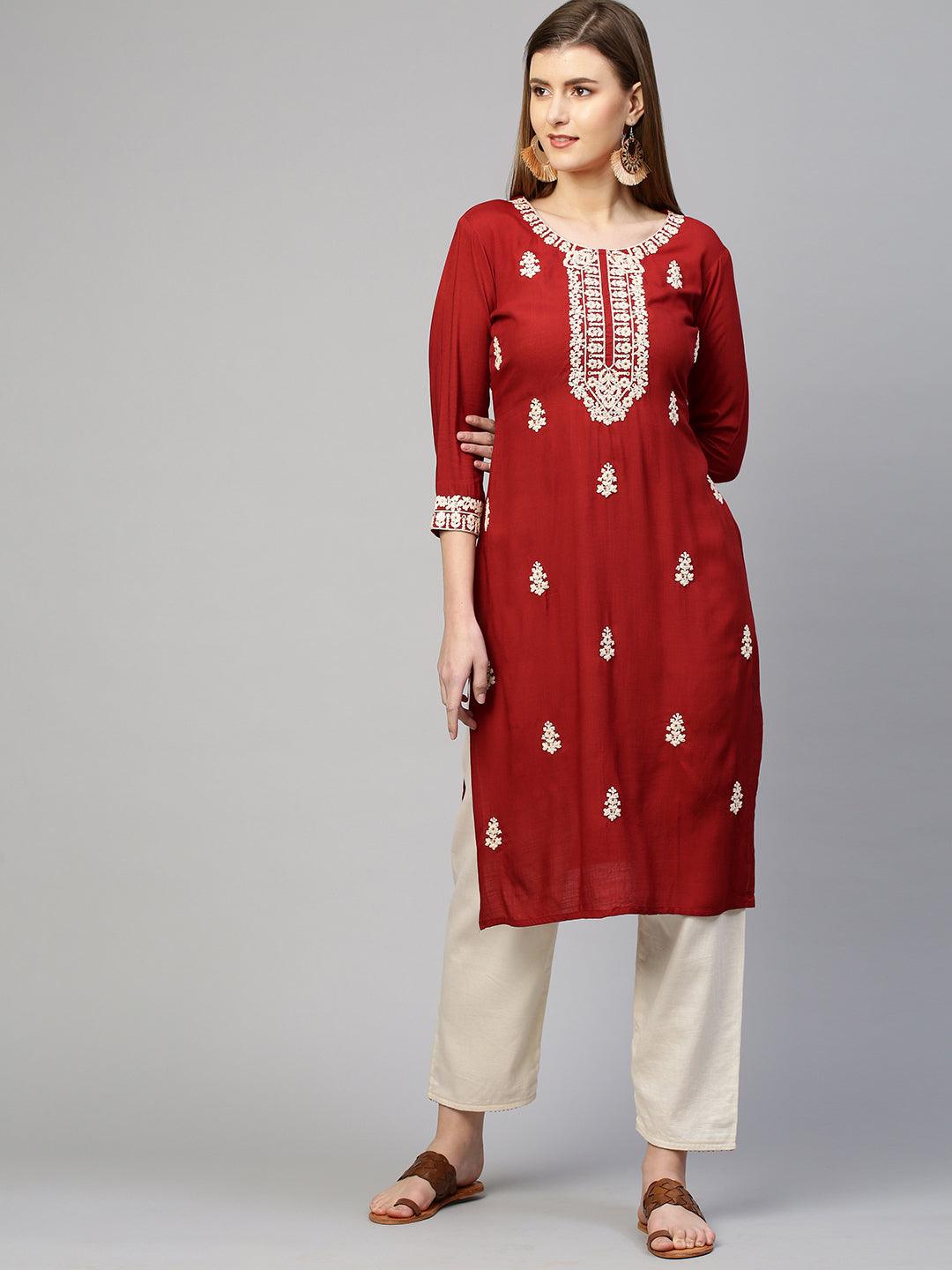 Kashmiri Embroidered Straight Kurta - Crimson Red - Indiakreations