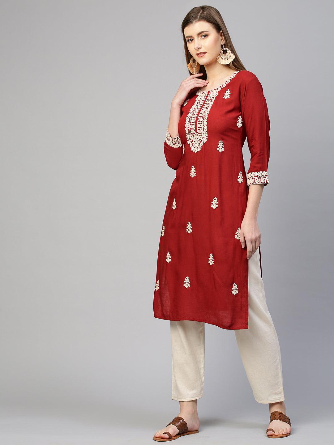 Kashmiri Embroidered Straight Kurta - Crimson Red - Indiakreations