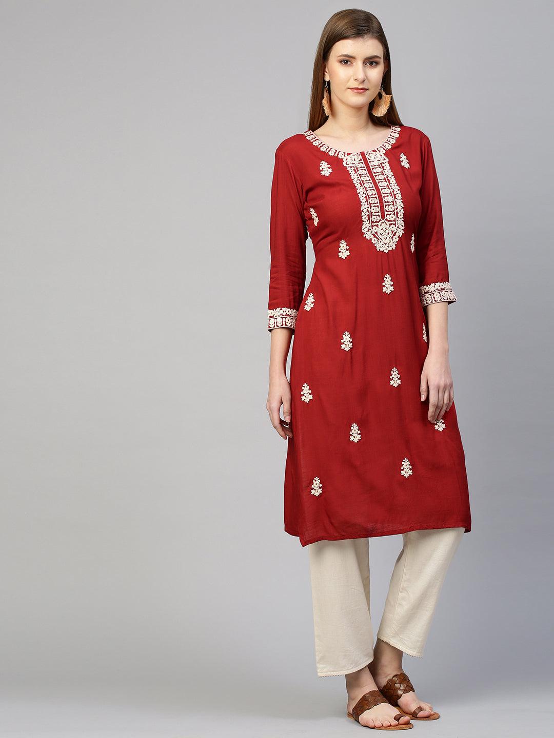 Kashmiri Embroidered Straight Kurta - Crimson Red - Indiakreations