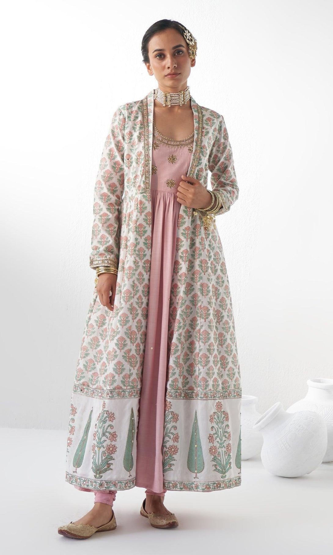 Jahanara Pink Gota Embroidered Anarkali With Chooridar and Jacket- Set of 3 - RTS - Indiakreations