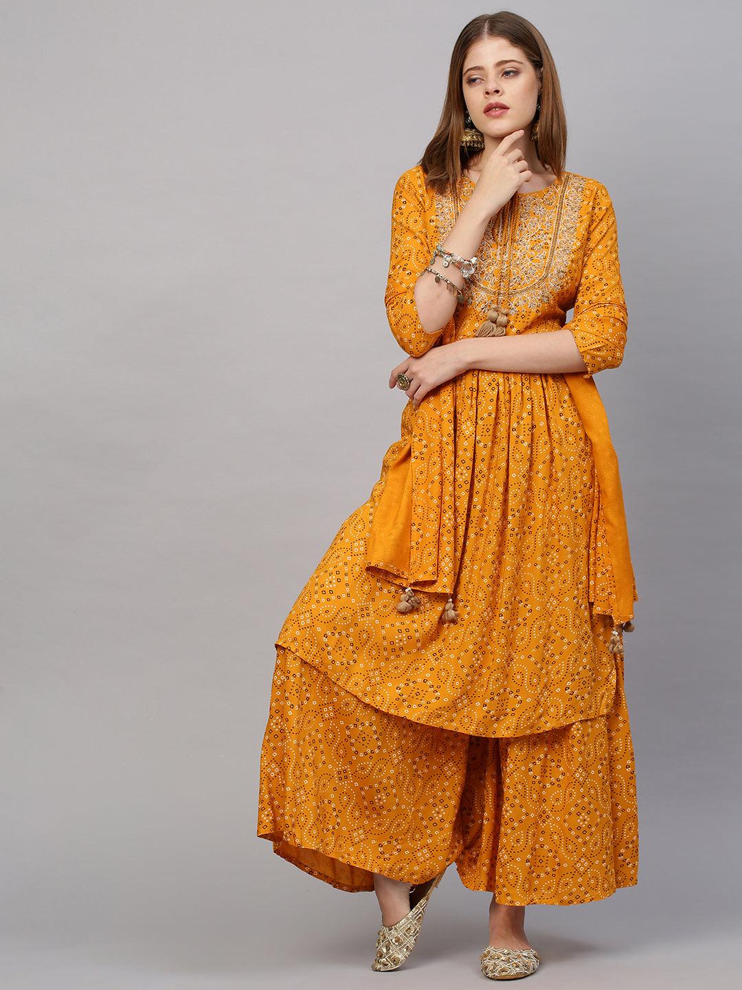 Bandhani Printed & Embroidered Kurta with Sharara and Dupatta - Mustard - Indiakreations