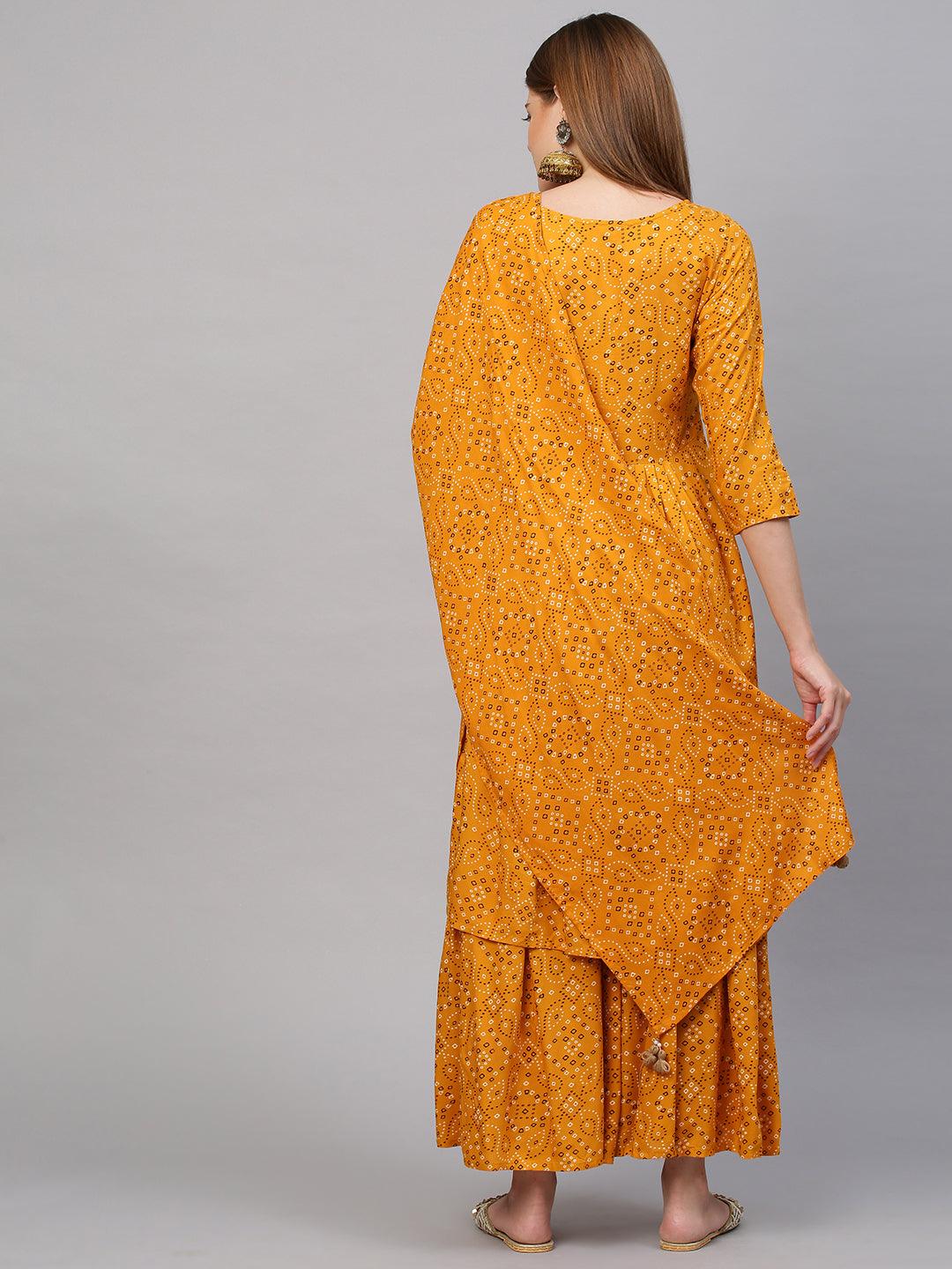 Bandhani Printed & Embroidered Kurta with Sharara and Dupatta - Mustard - Indiakreations