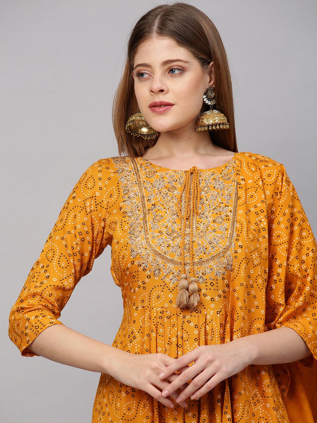 Bandhani Printed & Embroidered Kurta with Sharara and Dupatta - Mustard - Indiakreations