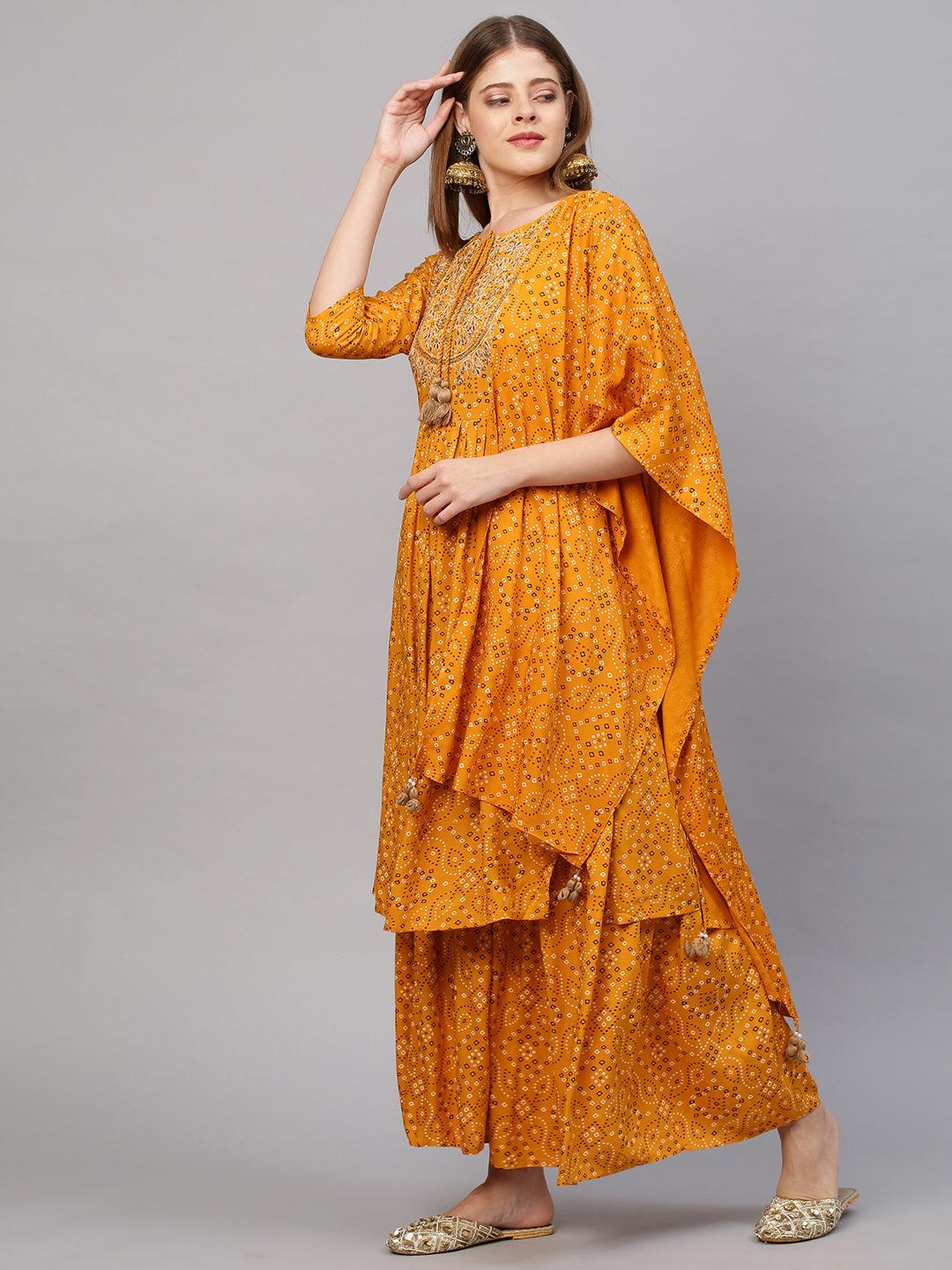 Bandhani Printed & Embroidered Kurta with Sharara and Dupatta - Mustard - Indiakreations