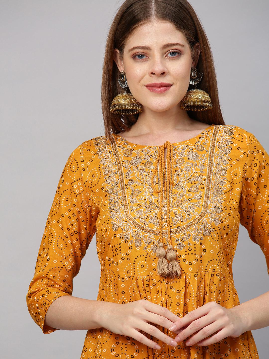 Bandhani Printed & Embroidered Kurta with Sharara and Dupatta - Mustard - Indiakreations