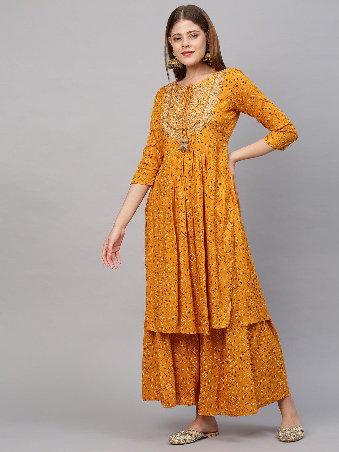 Bandhani Printed & Embroidered Kurta with Sharara and Dupatta - Mustard - Indiakreations