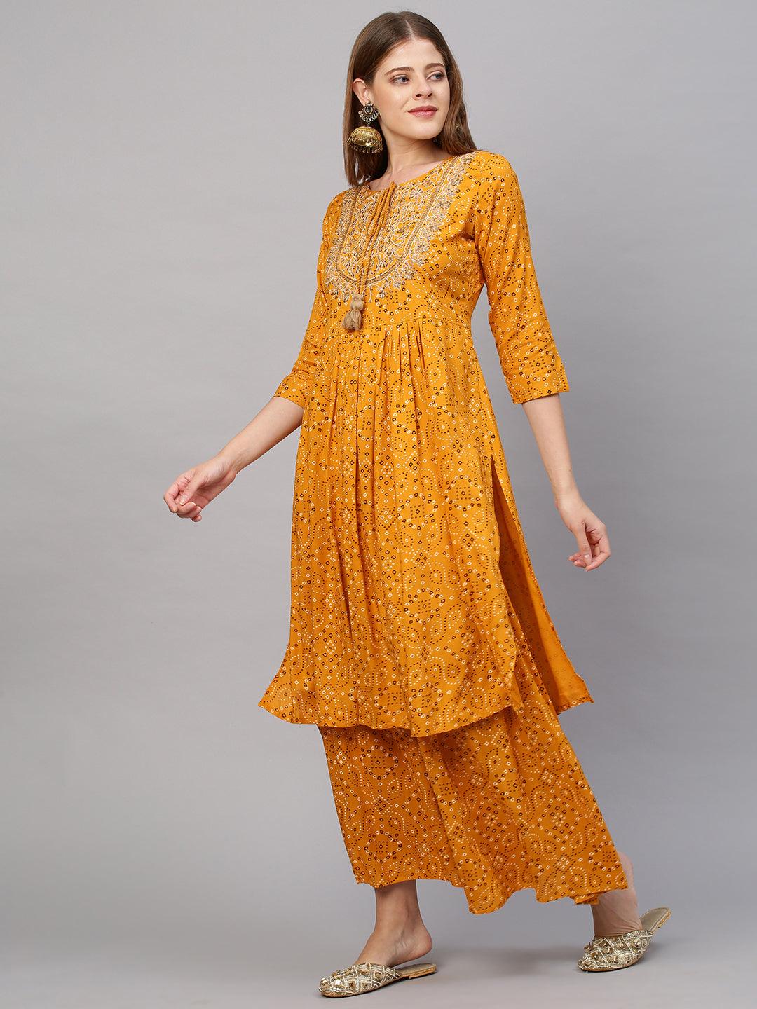 Bandhani Printed & Embroidered Kurta with Sharara and Dupatta - Mustard - Indiakreations