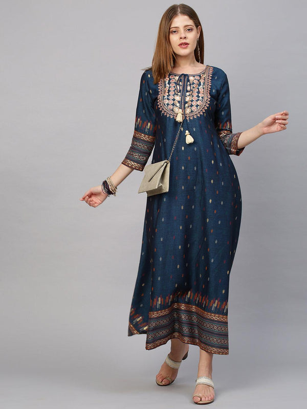 Floral Embroidered & Printed Maxi Dress - Persian Blue - Indiakreations