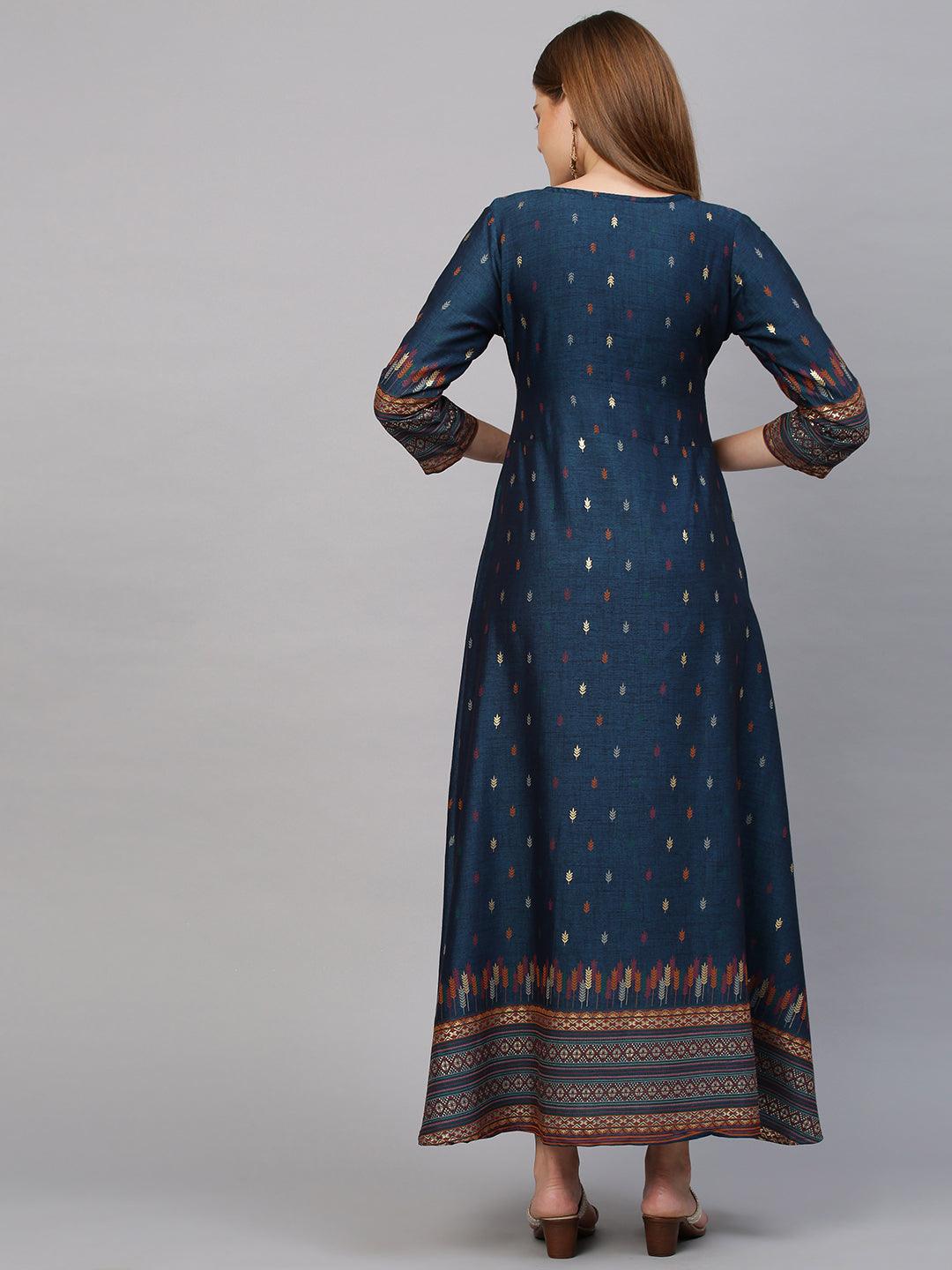 Floral Embroidered & Printed Maxi Dress - Persian Blue - Indiakreations