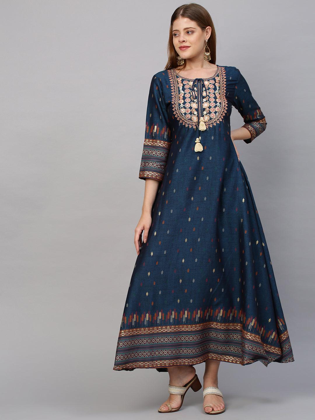 Floral Embroidered & Printed Maxi Dress - Persian Blue - Indiakreations