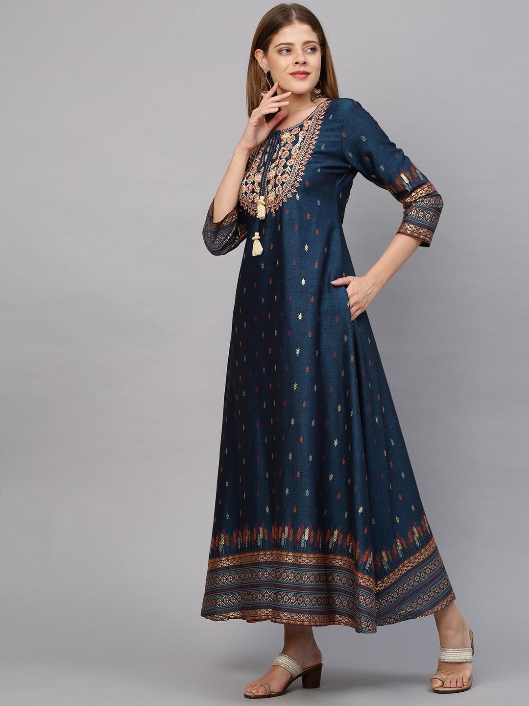 Floral Embroidered & Printed Maxi Dress - Persian Blue - Indiakreations