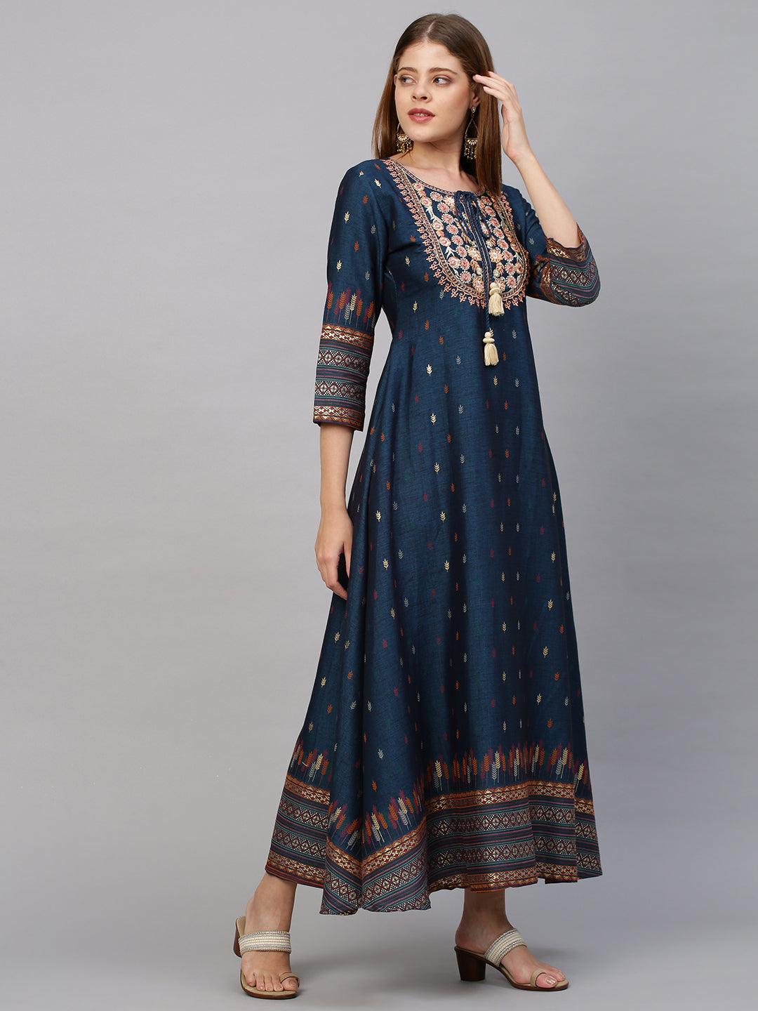 Floral Embroidered & Printed Maxi Dress - Persian Blue - Indiakreations