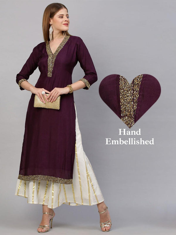 Divine Hand Embellished Straight Kurta - Wine - Indiakreations